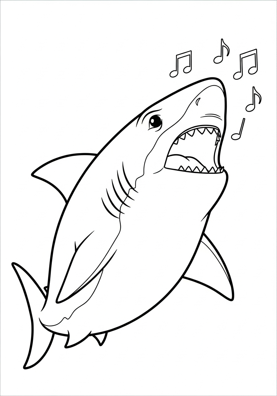 Haai Kleurplaat 8 zingende haai met muzieknoten kleurplaat