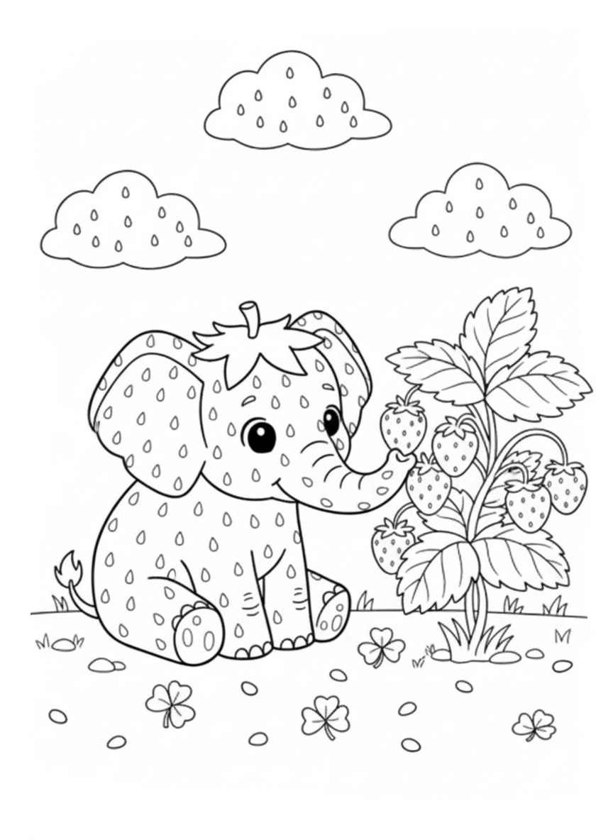 Strawberry Elephant Kleurplaat 15 zittende strawberry elephant bekijkt aardbeienplant kleurplaat