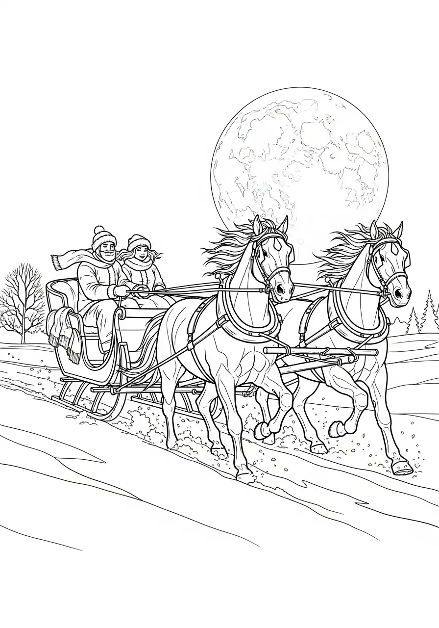 arreslee twee paarden volle maan kleurplaat