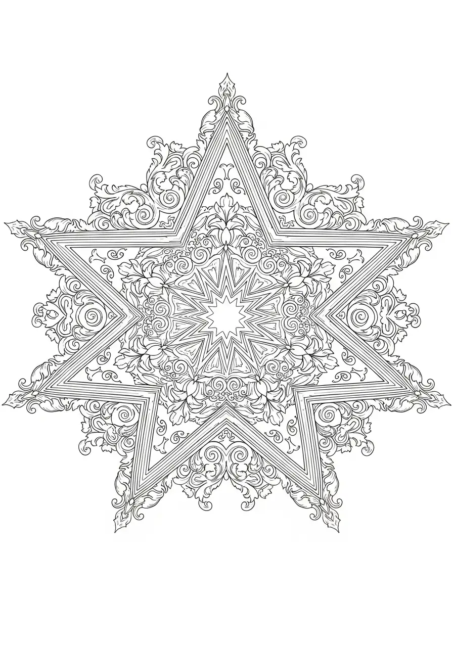 Kerstster Kleurplaat 38 barok stijl zeshoekige ster mandala kleurplaat