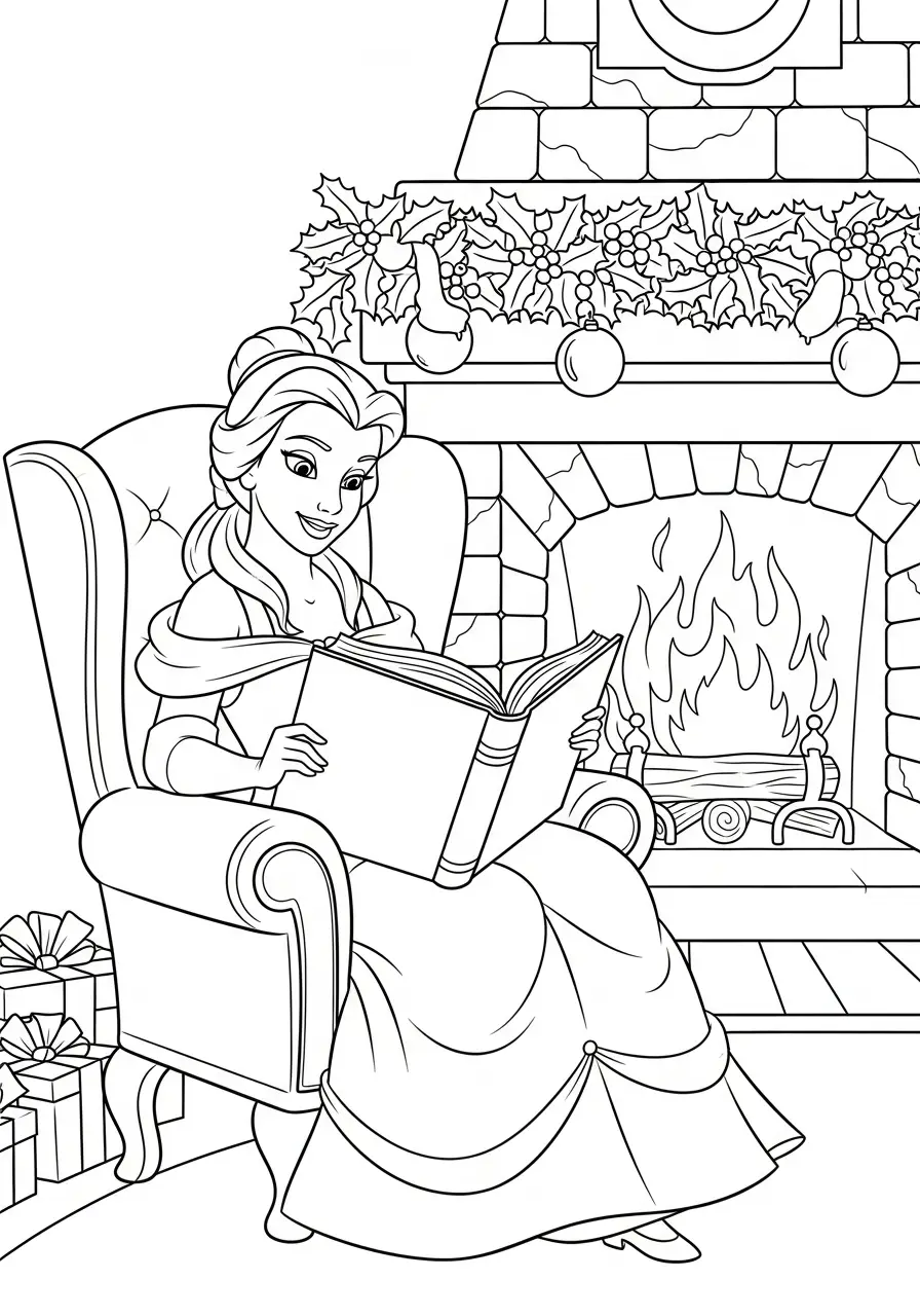 belle leest boek bij de kersthaard kleurplaat