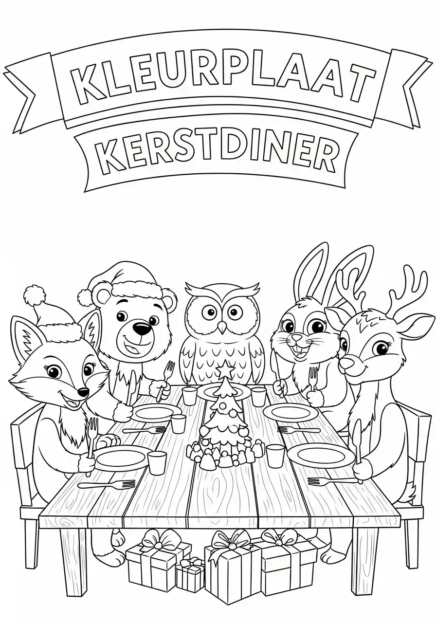bosdieren aan de eettafel met cadeaus kleurplaat