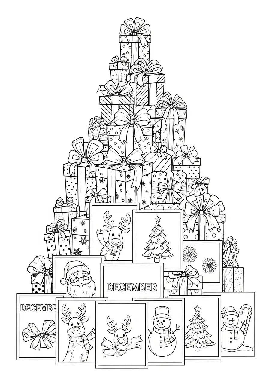 cadeau stapel kerstkaarten kleurplaat