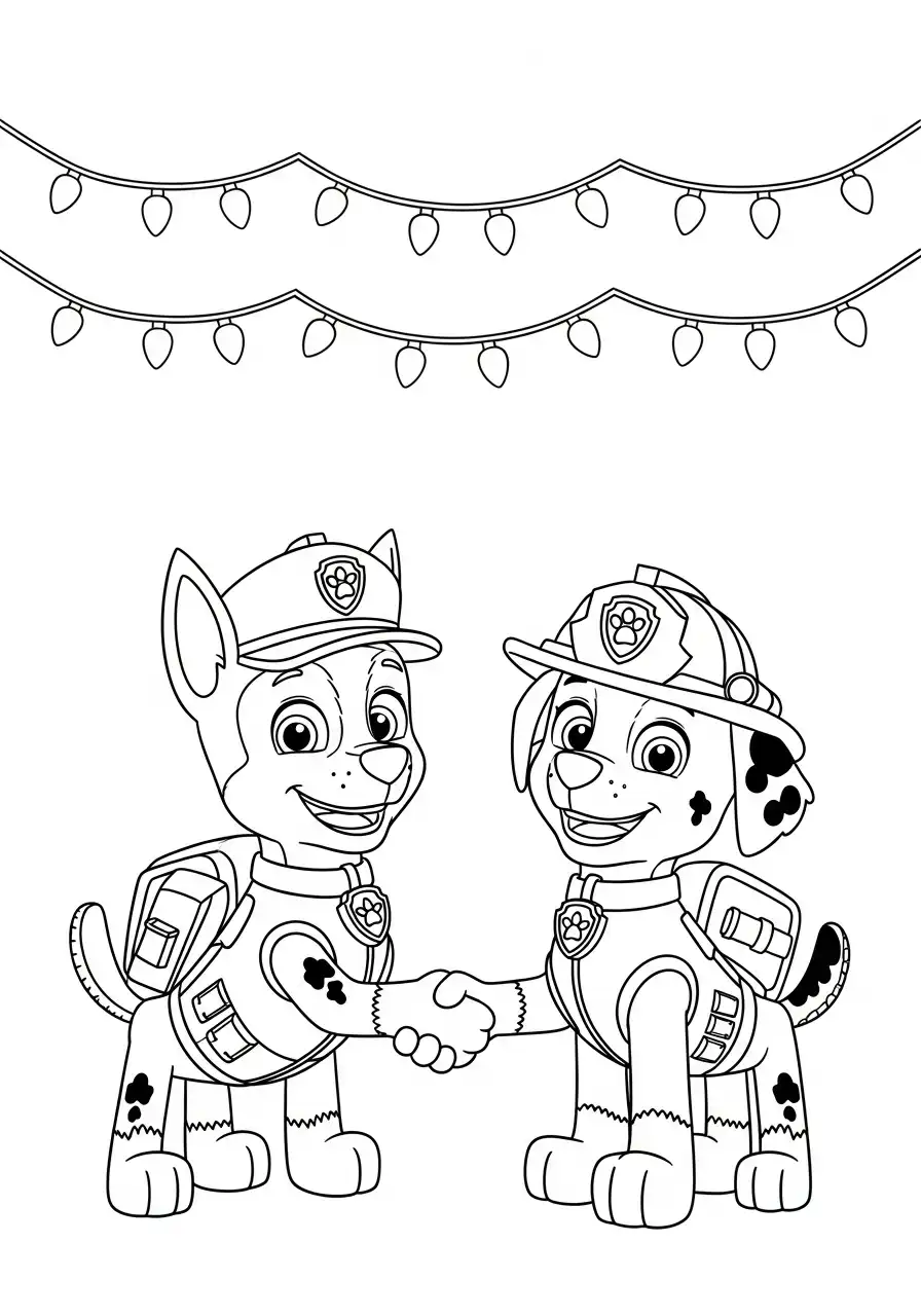 Paw Patrol Kerst Kleurplaat 8 chase en marshall hand geven onder kerstlichtjes Kleurplaat