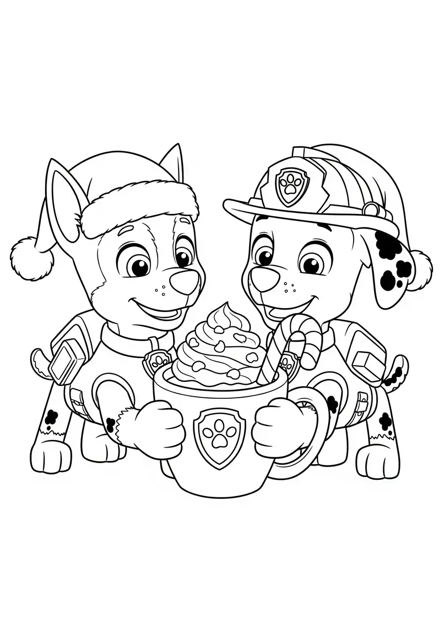Paw Patrol Kerst Kleurplaat 9 chase en marshall warme chocolademelk Kleurplaat