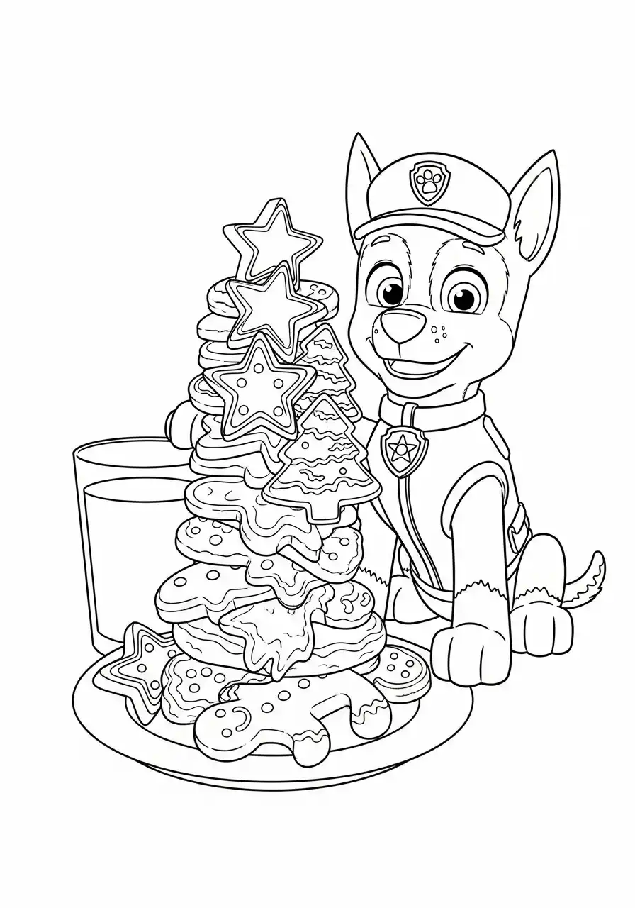 Paw Patrol Kerst Kleurplaat 10 chase en toren van kerstkoekjes met melk Kleurplaat
