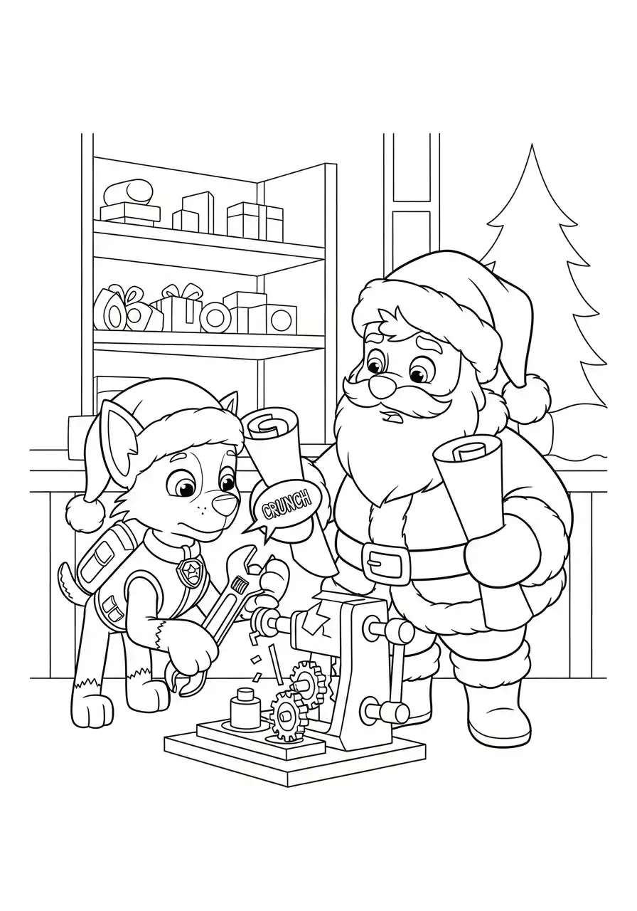 Paw Patrol Kerst Kleurplaat 11 chase helpt kerstman speelgoedmachine maken Kleurplaat