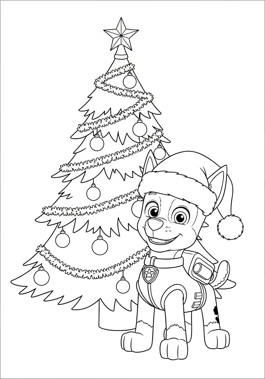 Paw Patrol Kerst Kleurplaat 12 chase met kerstmuts bij versierde dennenboom Kleurplaat