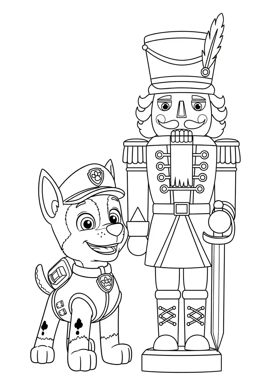 Paw Patrol Kerst Kleurplaat 13 chase naast grote notenkraker soldaat Kleurplaat