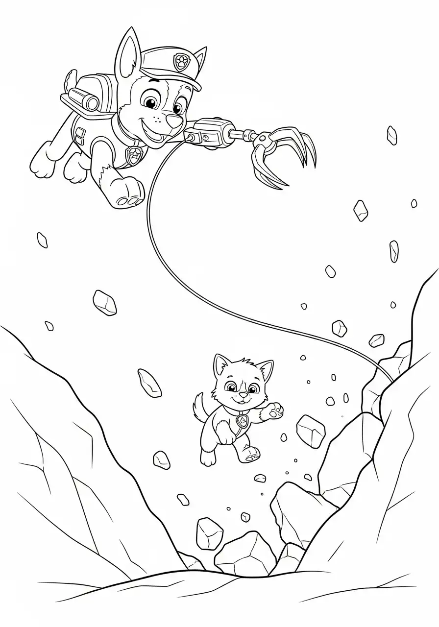 Paw Patrol Kerst Kleurplaat 14 chase redt cali met grijphaak boven kloof Kleurplaat