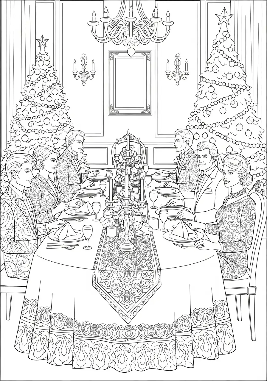 chique kerstdiner in een formele zaal kleurplaat