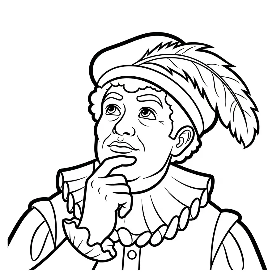 Kleurplaat Piet 8 denkende piet met veer kleurplaat