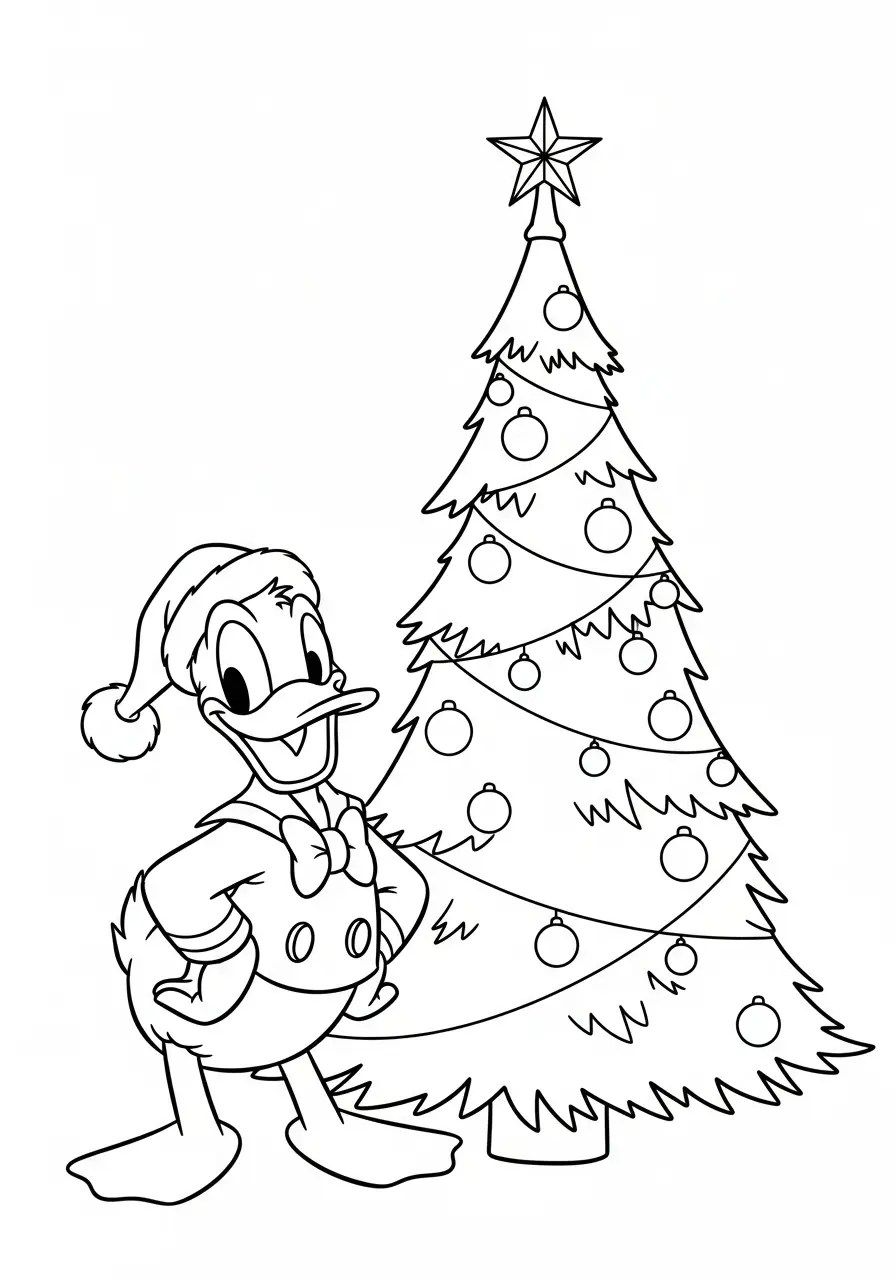 donald duck bij de kerstboom kleurplaat