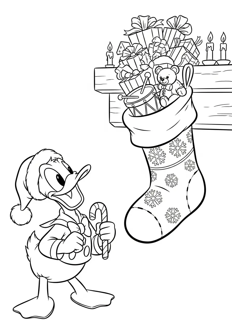 donald duck bij de volle kerstsok kleurplaat
