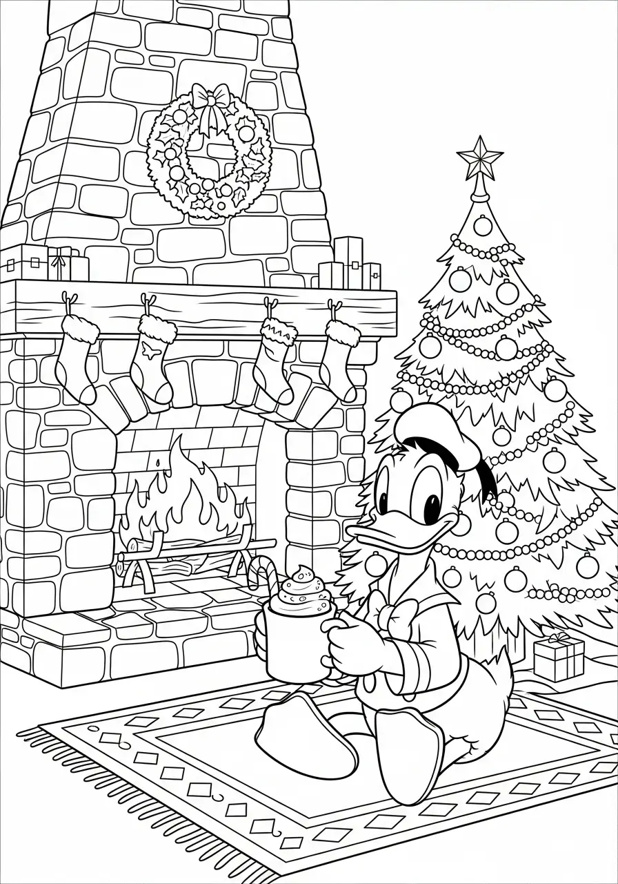 donald duck bij kerstboom en haard kleurplaat