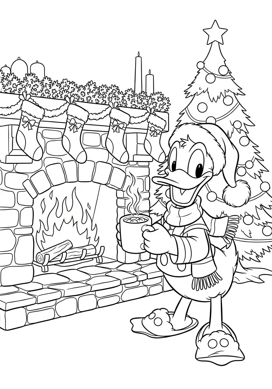 donald duck bij open haard met mok kleurplaat