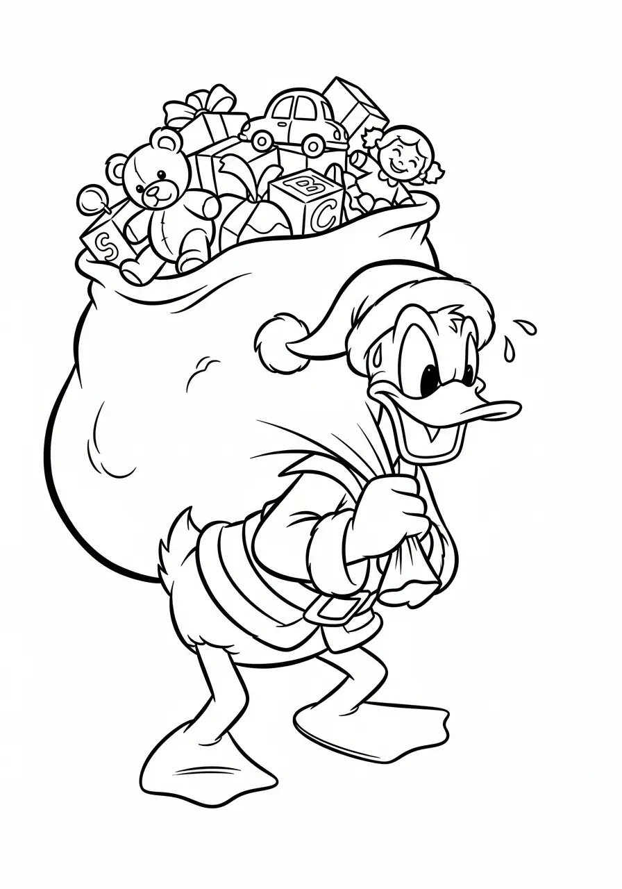 donald duck draagt speelgoedzak kleurplaat
