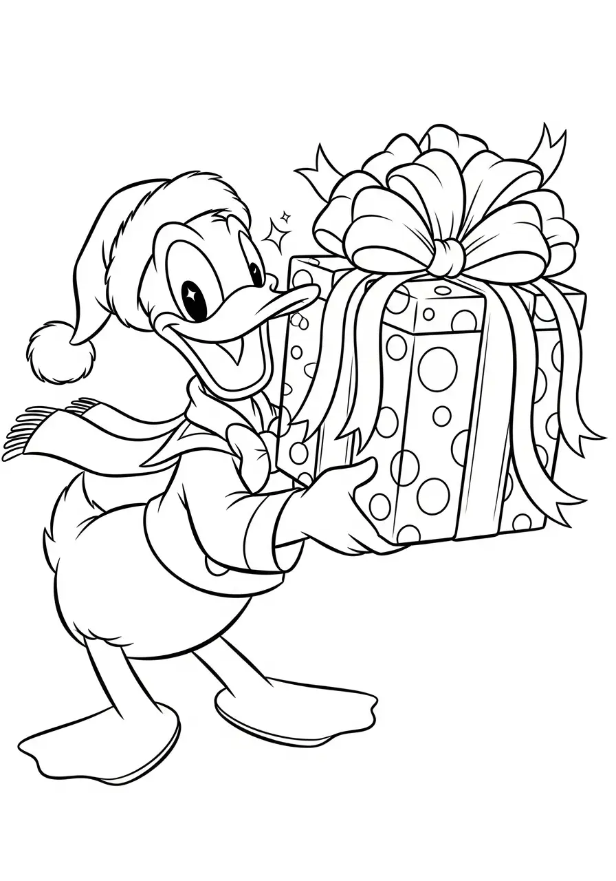 donald duck geeft groot kerstcadeau kleurplaat