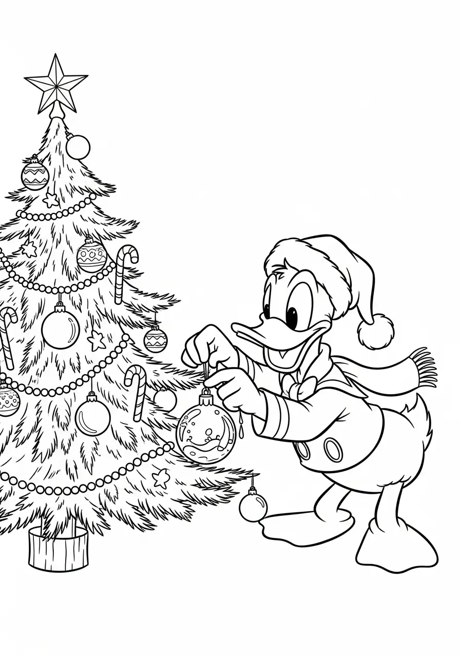 donald duck hangt kerstbal op boom kleurplaat