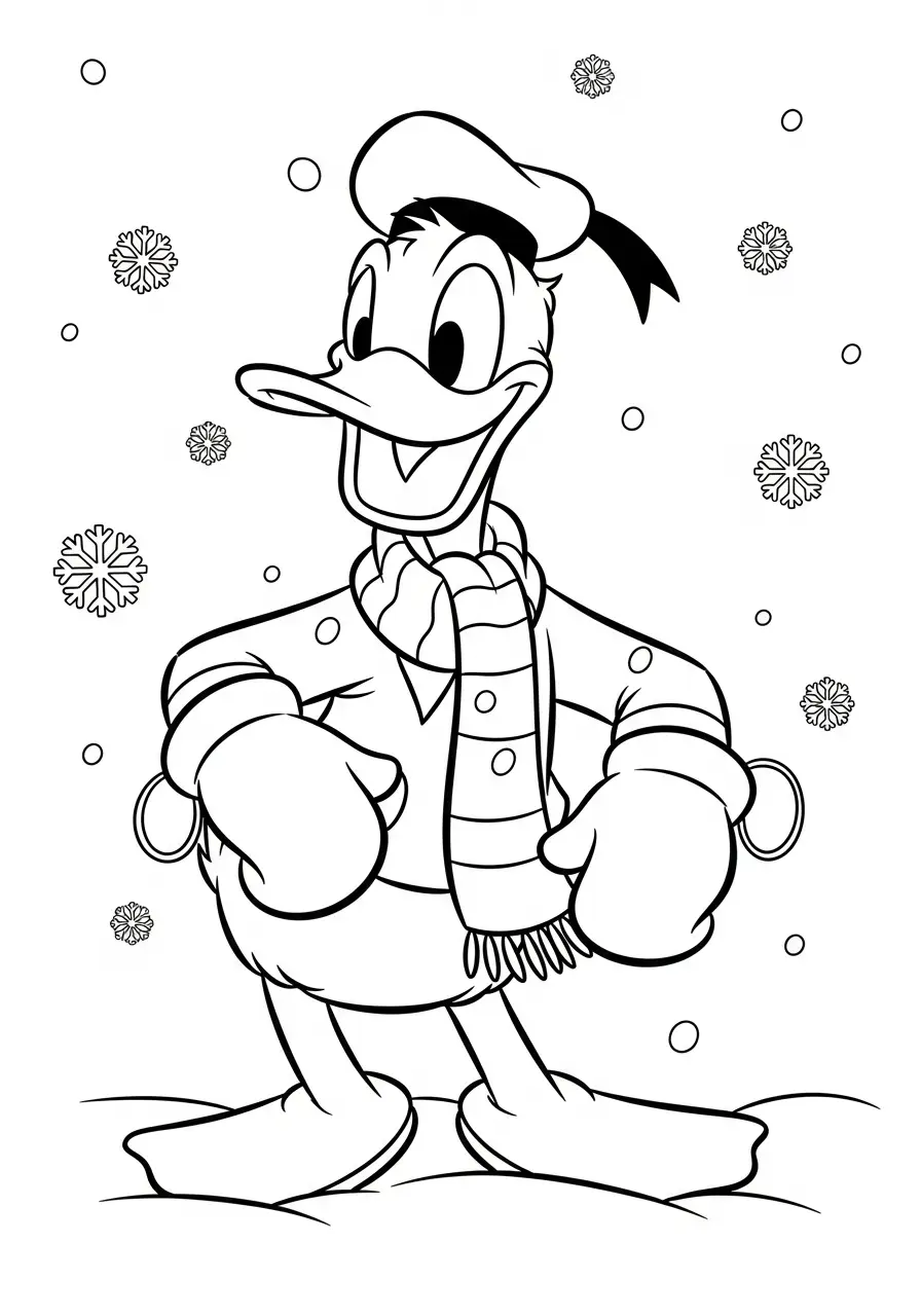 donald duck in de sneeuw met sjaal kleurplaat