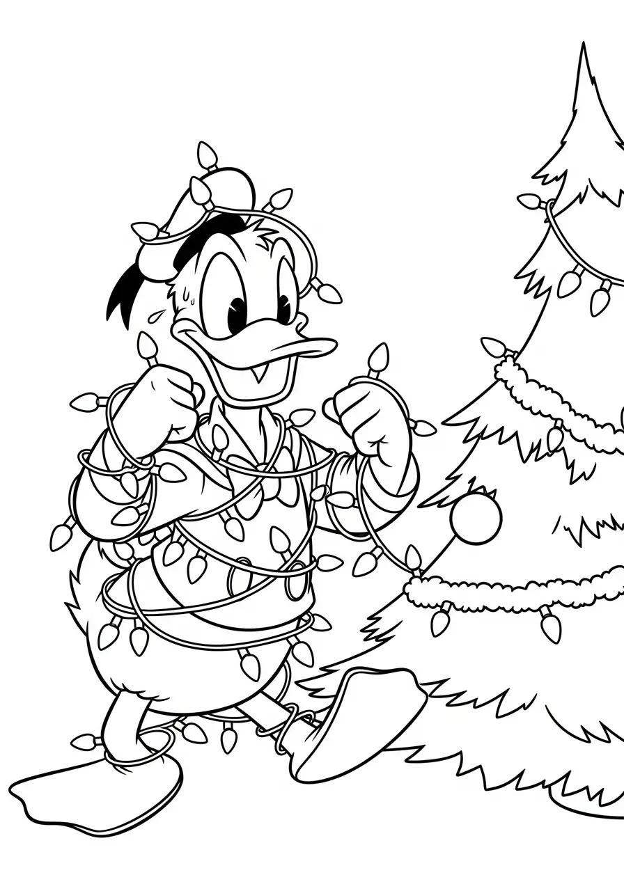 donald duck in kerstverlichting kleurplaat