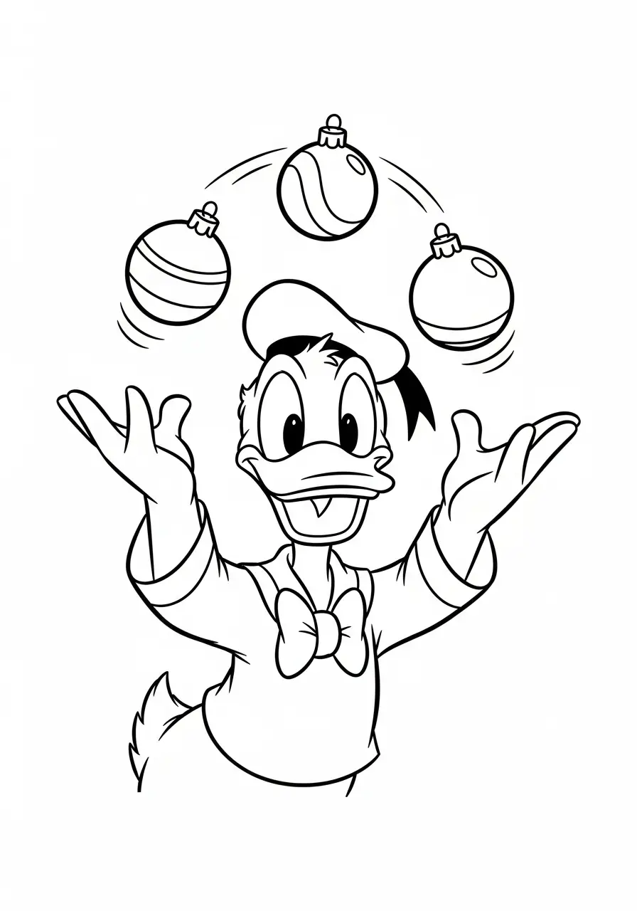 donald duck jongleert kerstballen kleurplaat