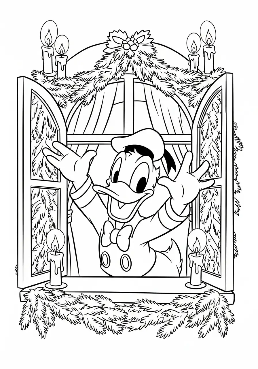 donald duck kijkt door het kerstraam kleurplaat