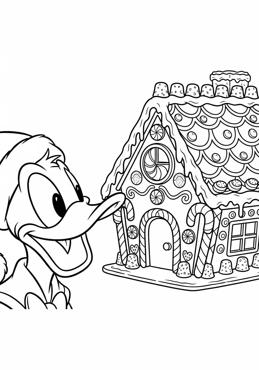 donald duck kijkt naar peperkoekhuisje kleurplaat