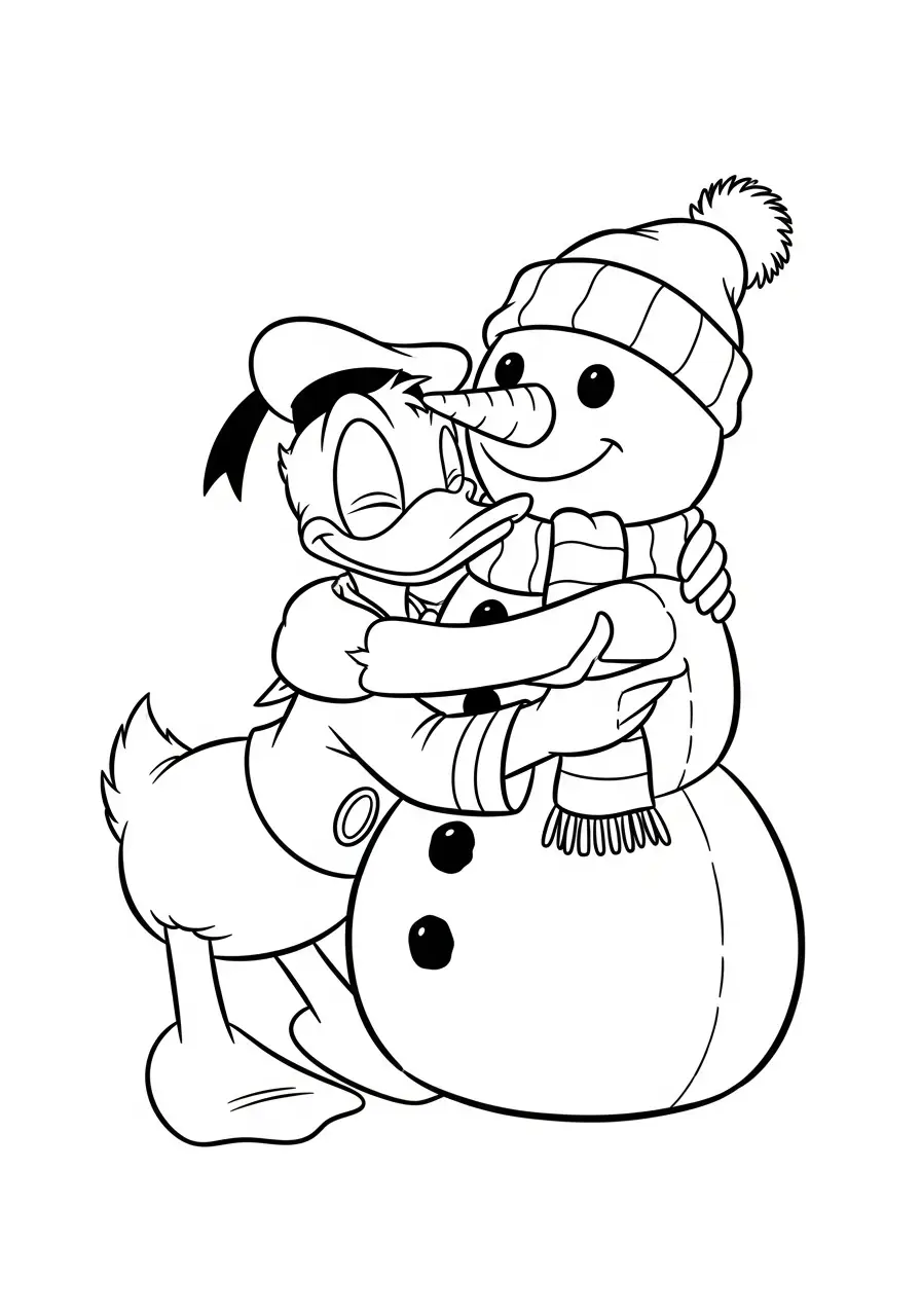 donald duck knuffelt sneeuwpop kleurplaat