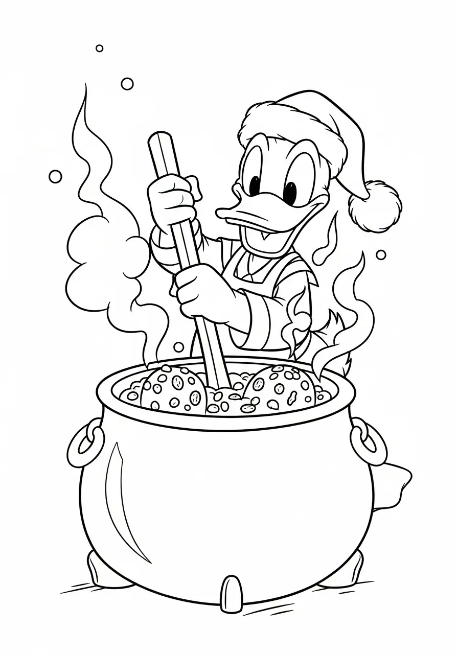 donald duck kookt kerstpudding kleurplaat