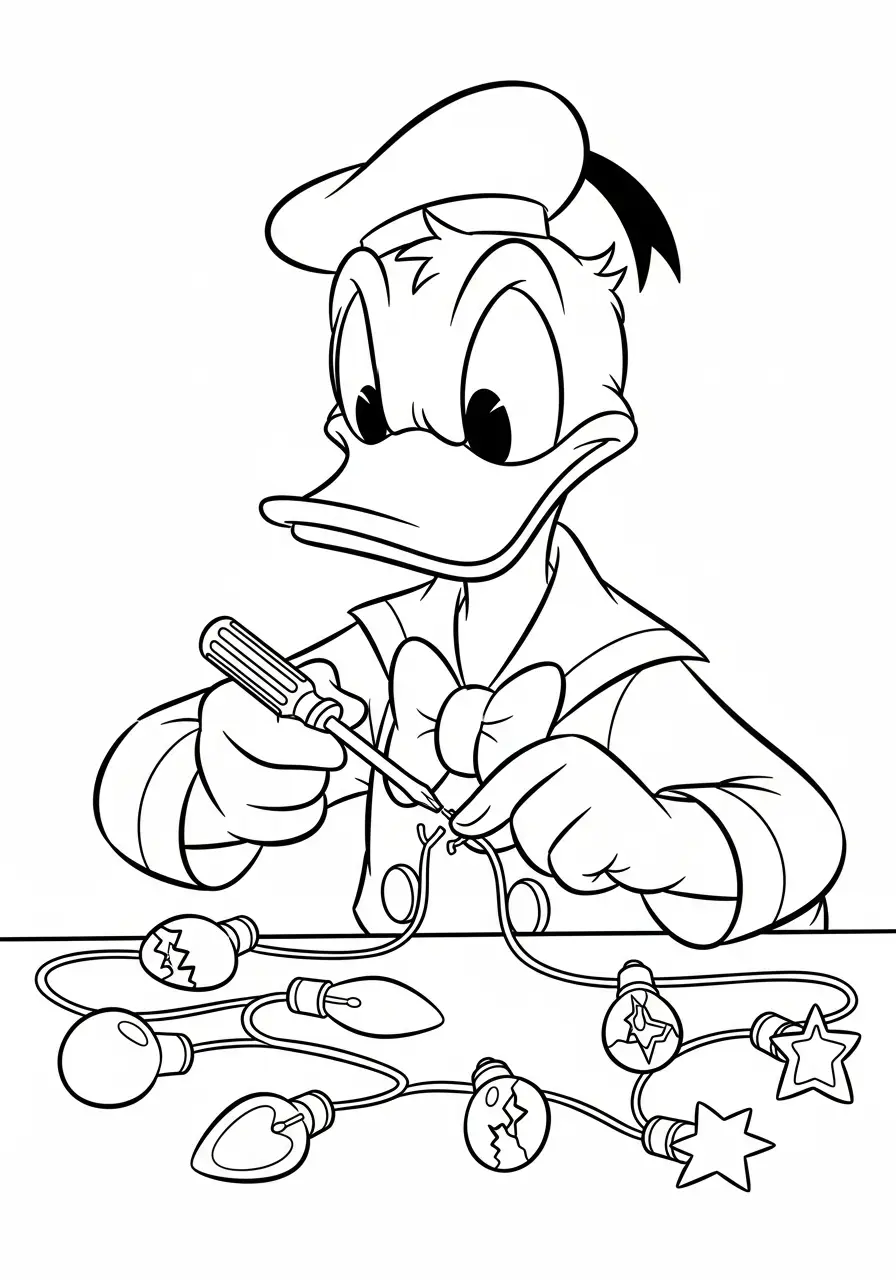 donald duck maakt kerstlichtjes vast kleurplaat