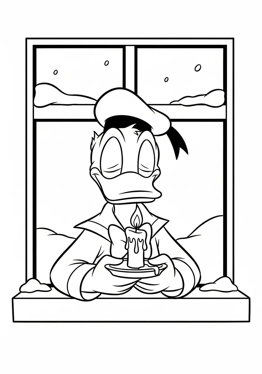 donald duck met brandende kaars in het raam kleurplaat
