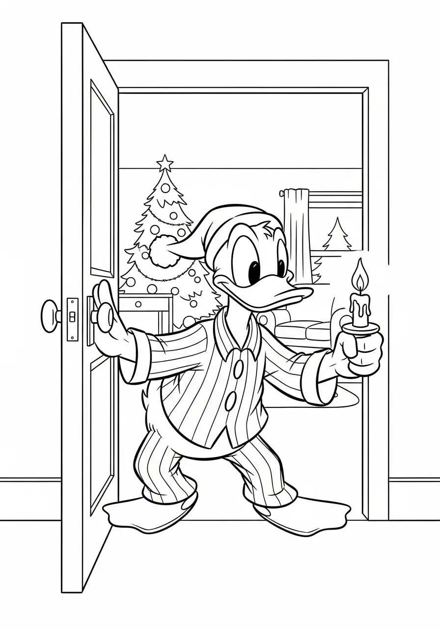 donald duck met kaars opent deur kleurplaat