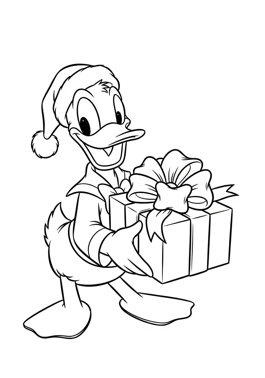 donald duck met kerstcadeau kleurplaat