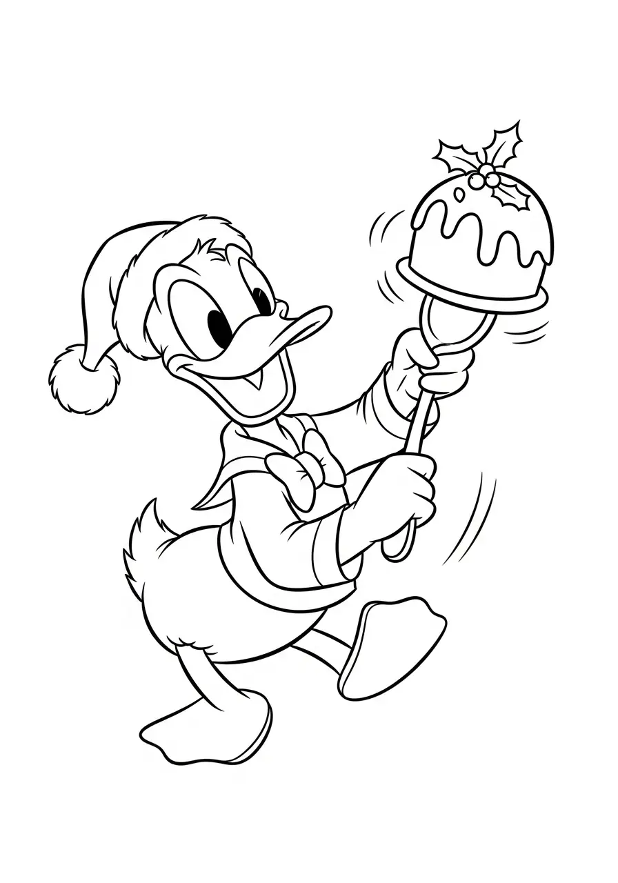 donald duck met kerstpudding kleurplaat