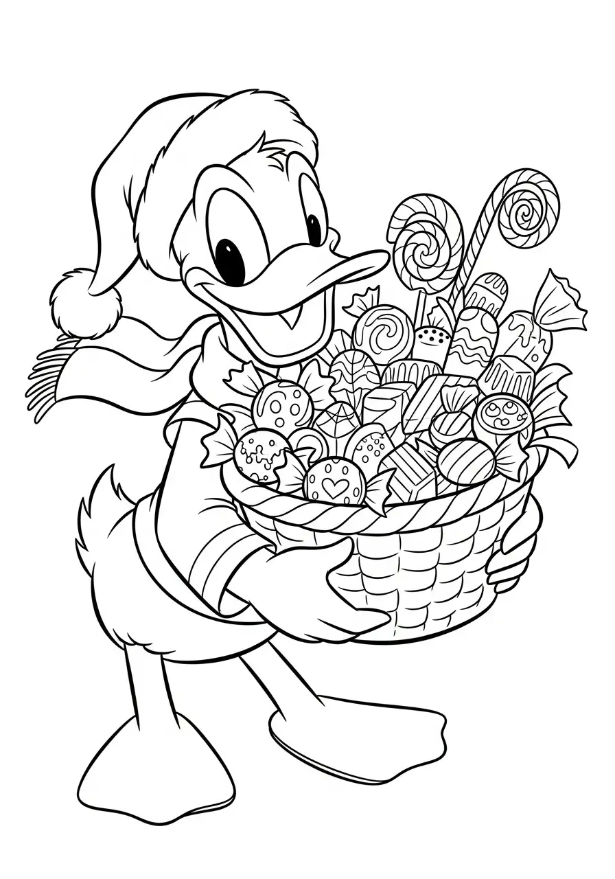 donald duck met snoepmand kleurplaat