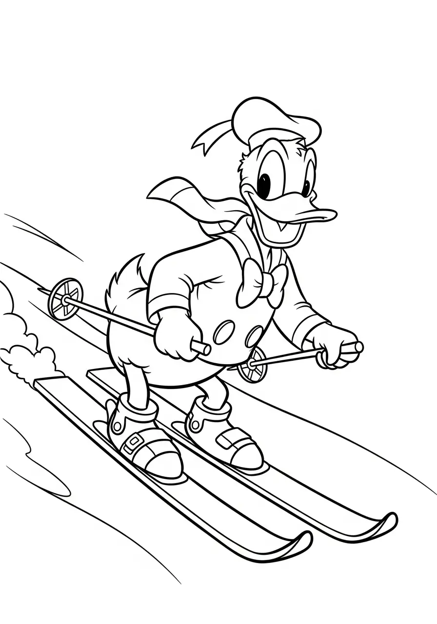 donald duck op de skis kleurplaat