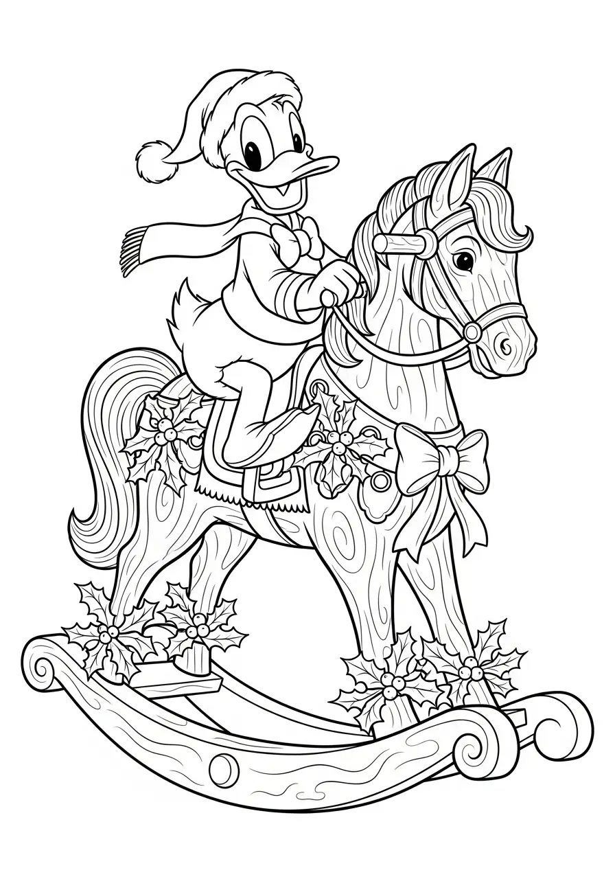 donald duck op kerst schommelpaard kleurplaat