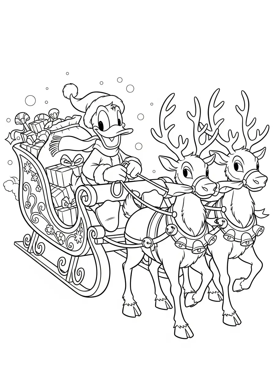 donald duck op kerstslee met rendieren kleurplaat