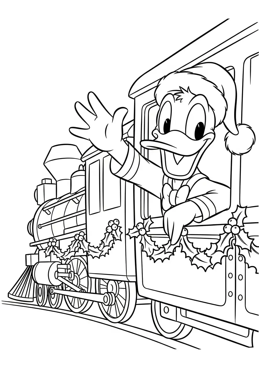 donald duck op kersttrein zwaait kleurplaat