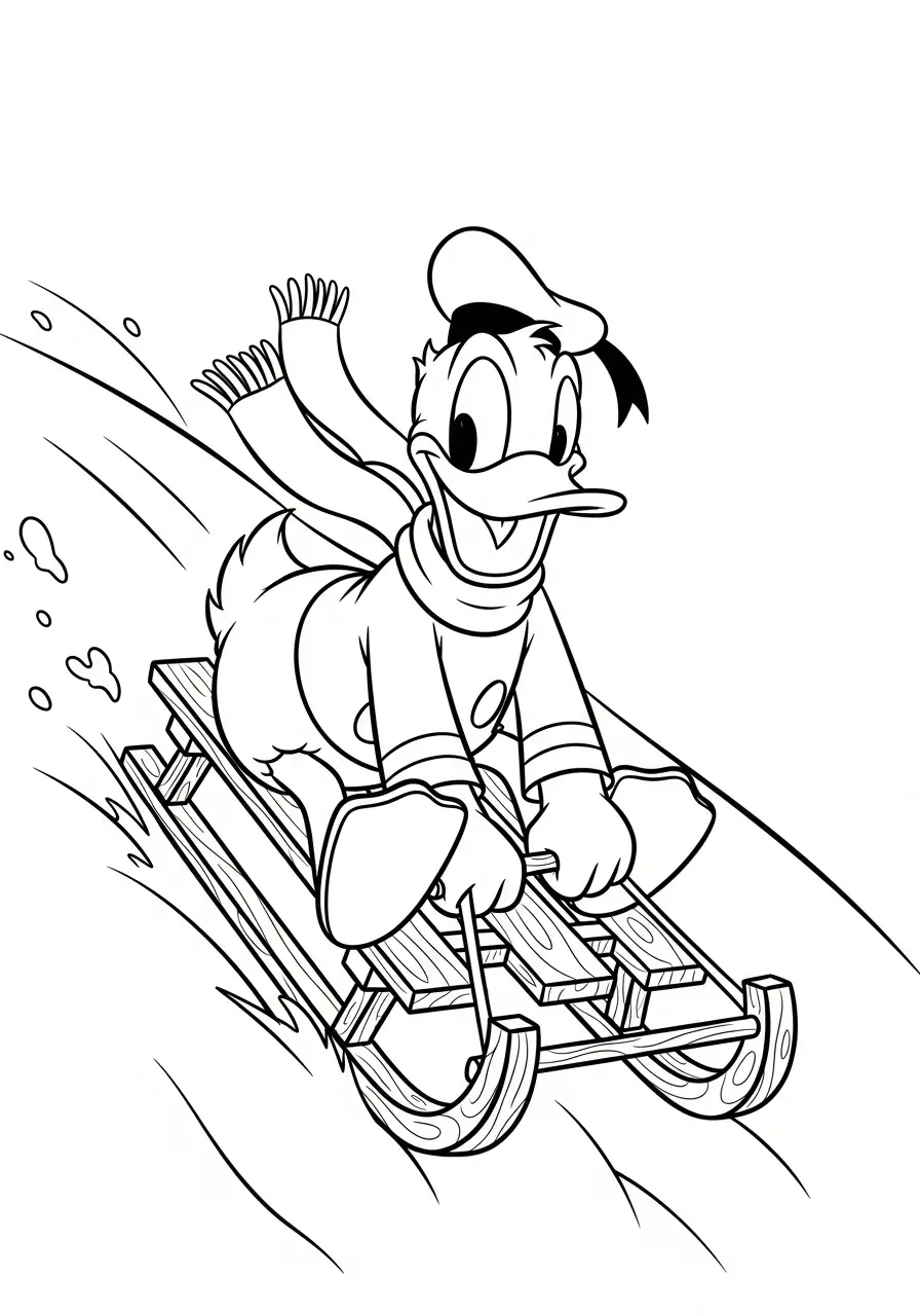 donald duck op slee in de sneeuw kleurplaat