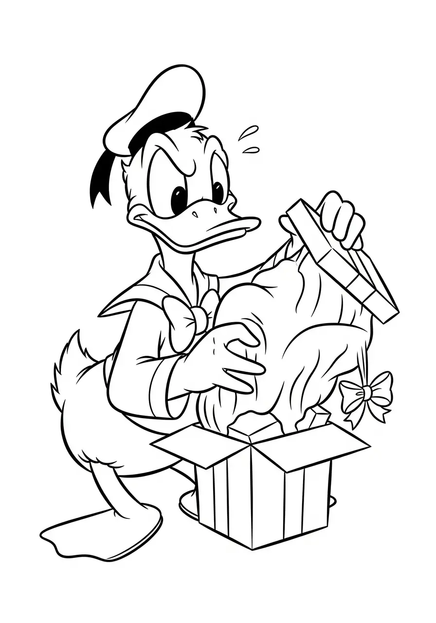 donald duck pakt cadeau uit verrast kleurplaat