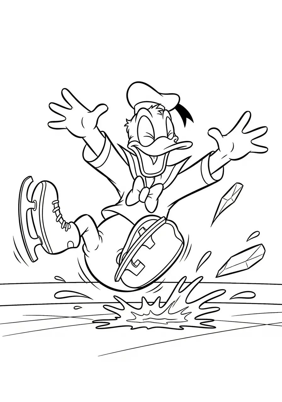 donald duck schaatst en valt kleurplaat
