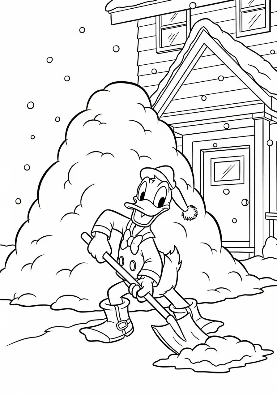 donald duck schept de sneeuw kleurplaat