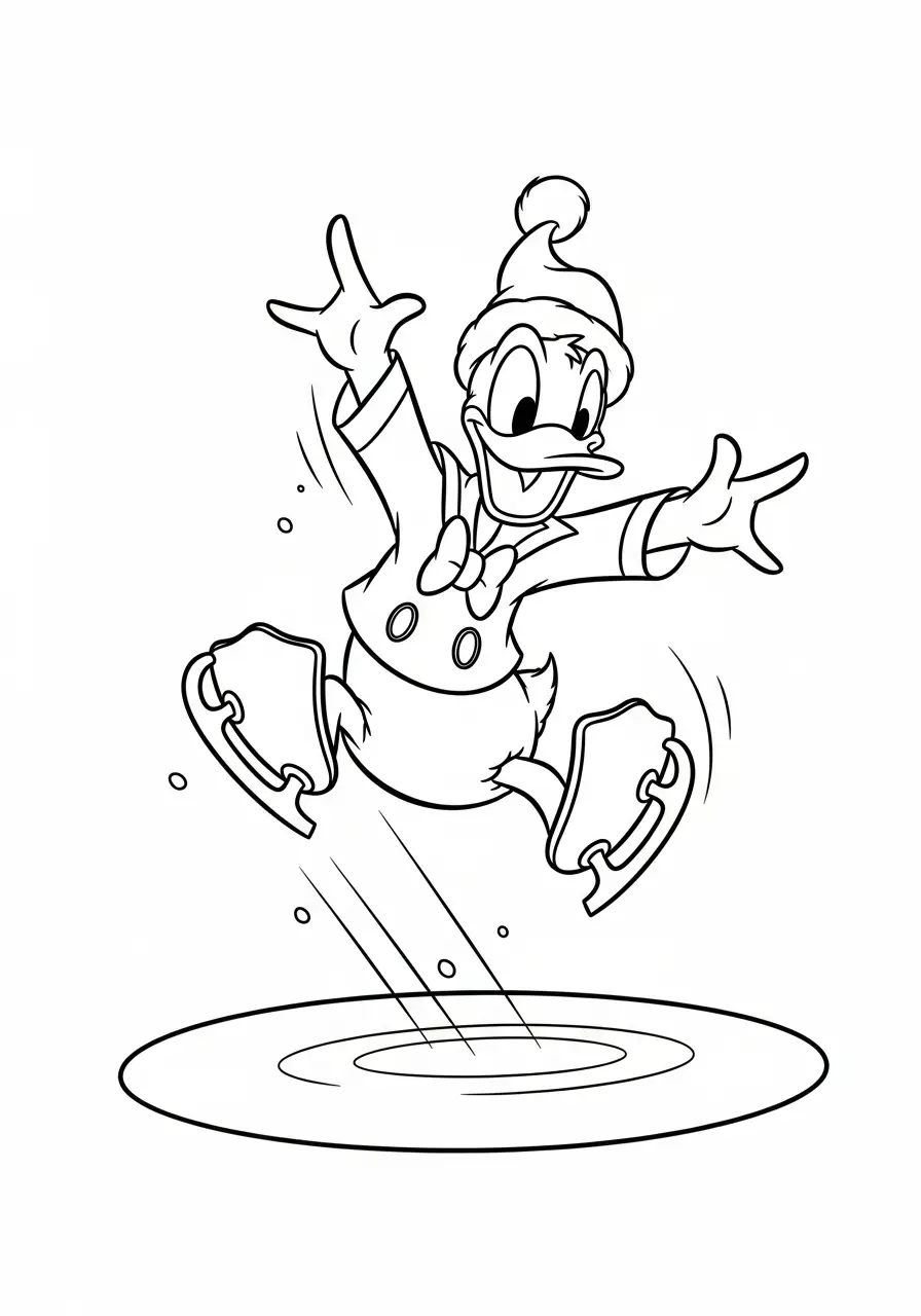 donald duck springt op schaatsen kleurplaat