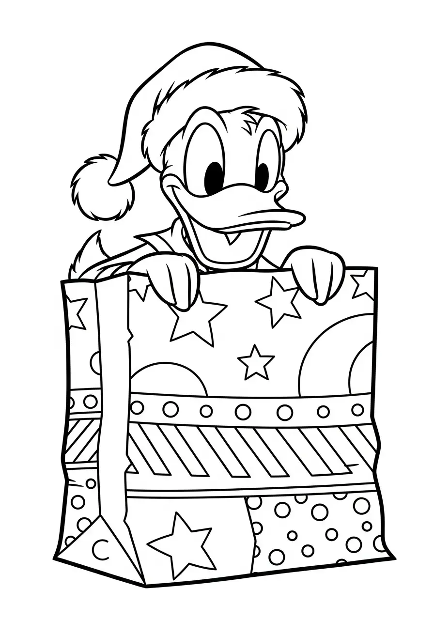 donald duck uit cadeautas kleurplaat