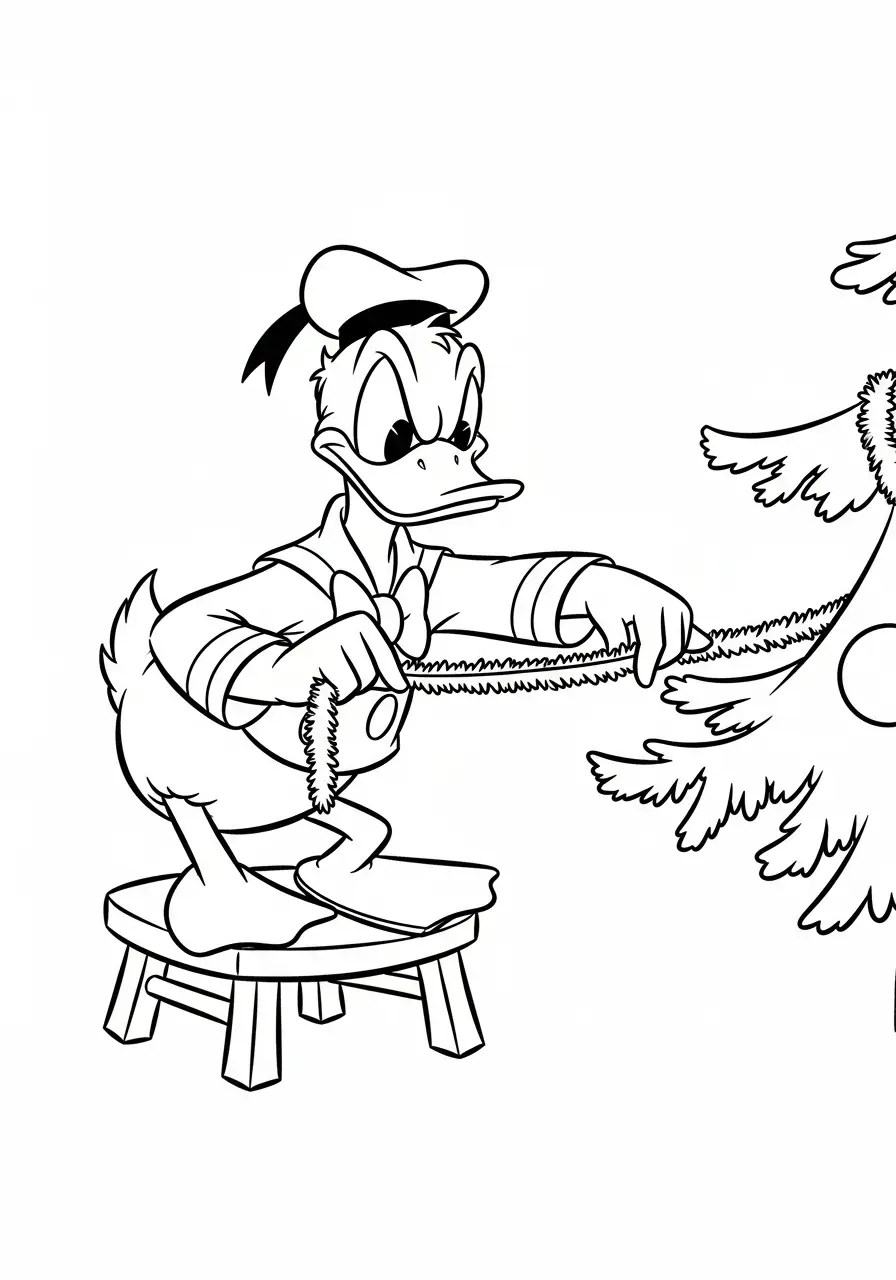 donald duck versiert kerstboom met slinger kleurplaat