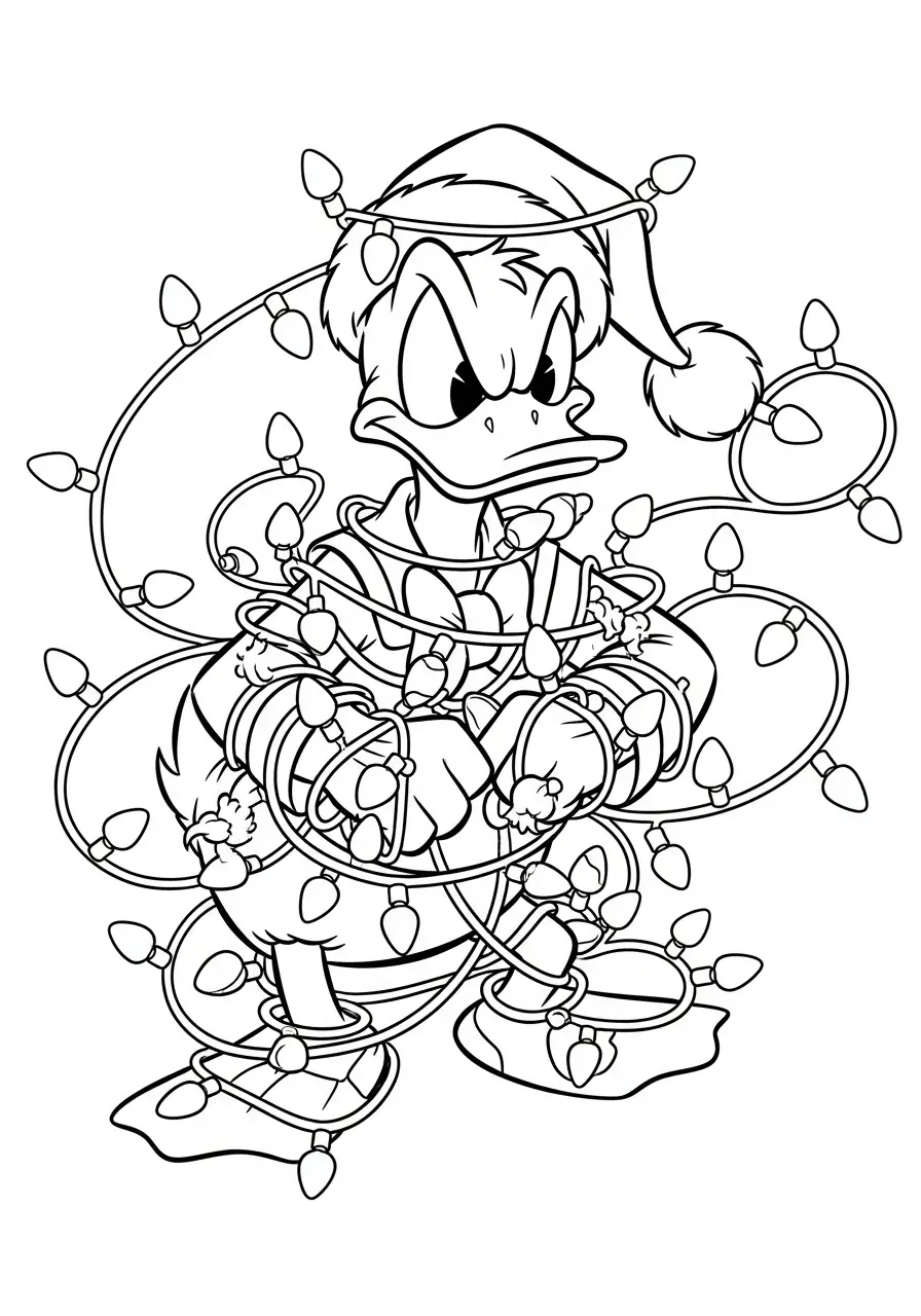 donald duck verstrikt in kerstlichtjes kleurplaat