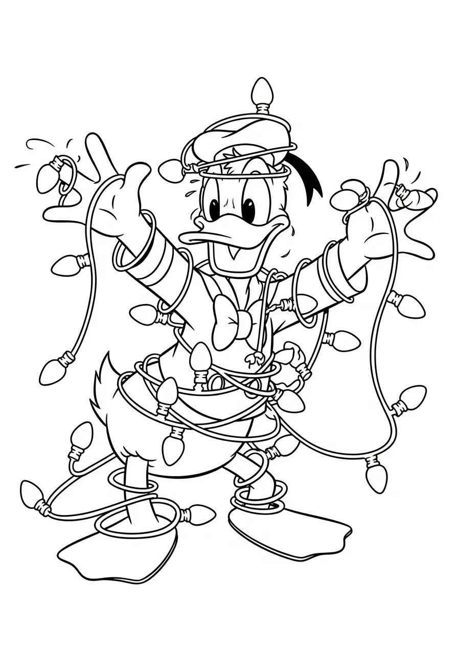 donald duck verstrikt in lichtjes kleurplaat