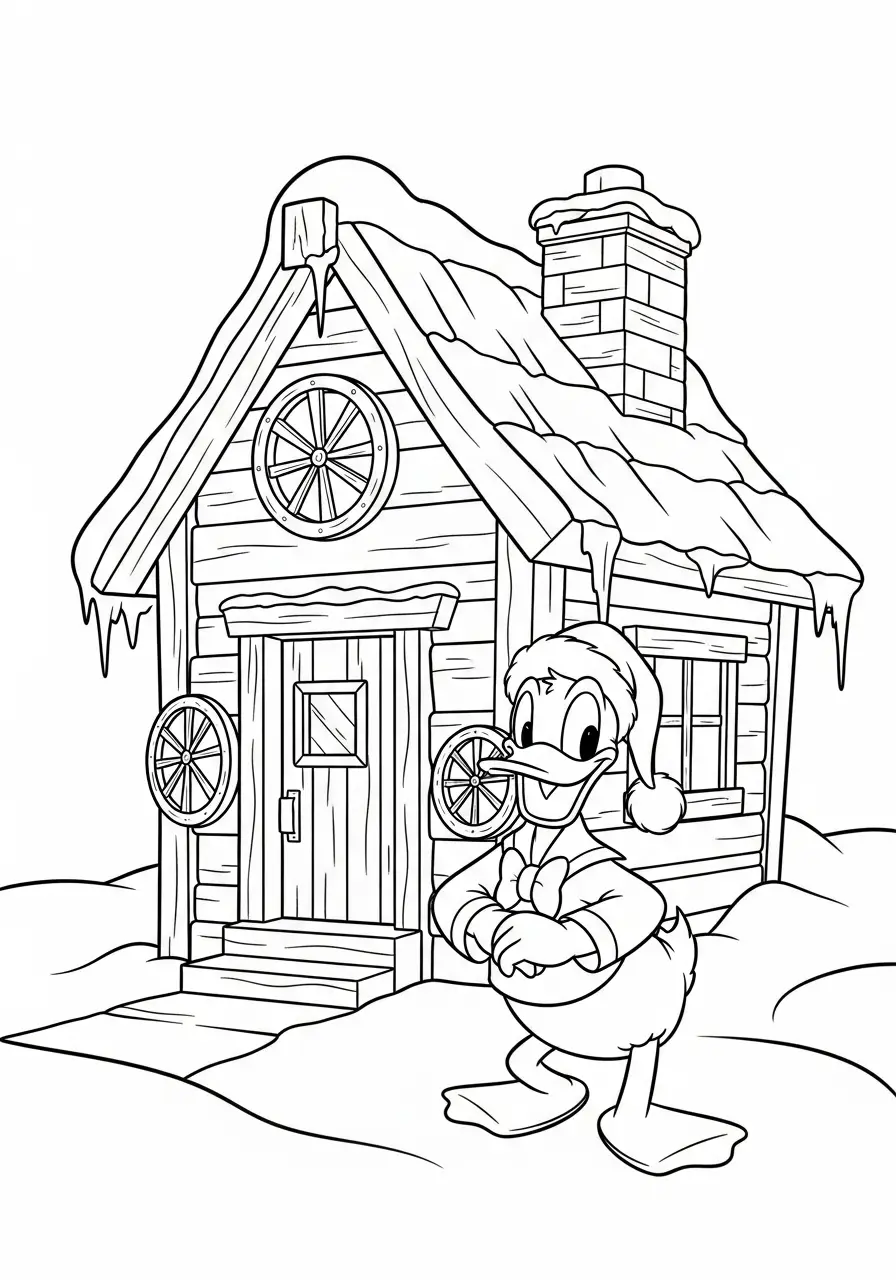 donald duck voor sneeuw winterhut kleurplaat